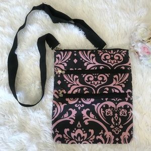 Pink and black heart fleur de lis print crossbody